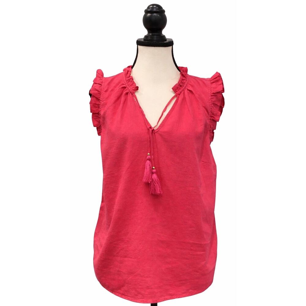 Ellen Tracy Womens Medium Pink Fuchsia Linen Blend Ruffle Sleeveless Top NWT
